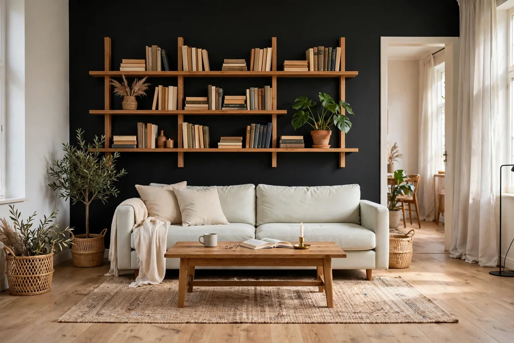 Living room with a black wall, warm wood shelves with books and a plant, behind a pale sofa.