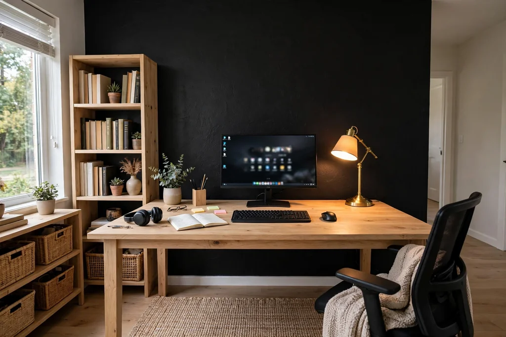 Home office with a black desk wall behind a light wood desk and a warm desk lamp.