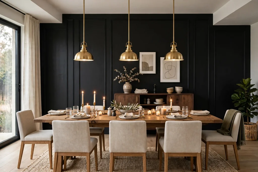 Dining room with a black accent wall, brass pendant lights over a wood table, and candles.