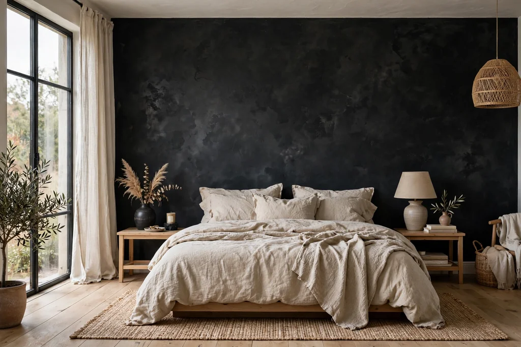Bedroom with a textured black limewash wall behind a bed with linen bedding.