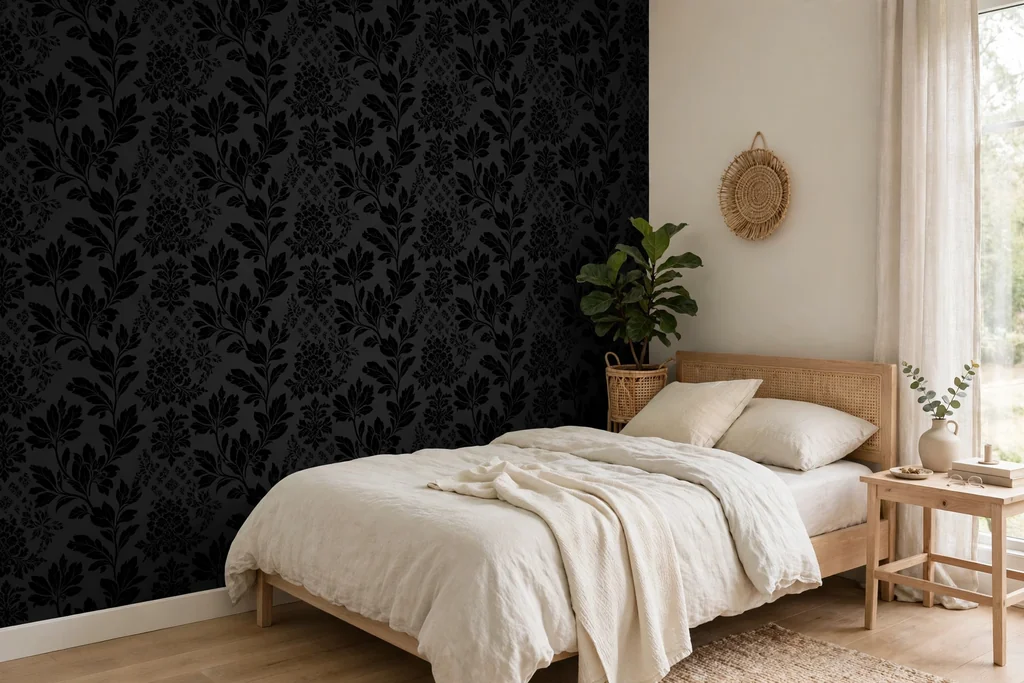 Bedroom corner with removable black patterned wallpaper on one wall beside a pale bed.