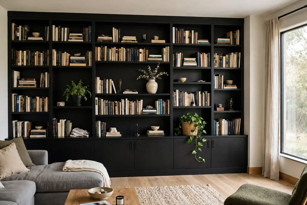 Living room wall of black built-in shelves filled with books, a vase, and a plant.