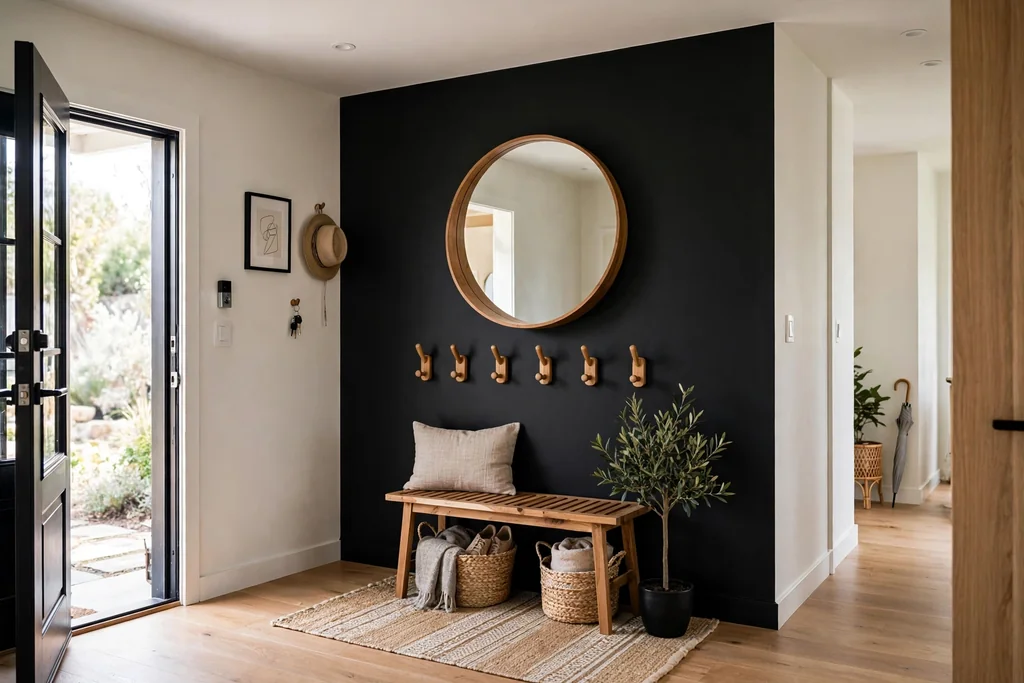 Entryway with a black accent wall, a large round mirror, wooden hooks, and a small wood bench.