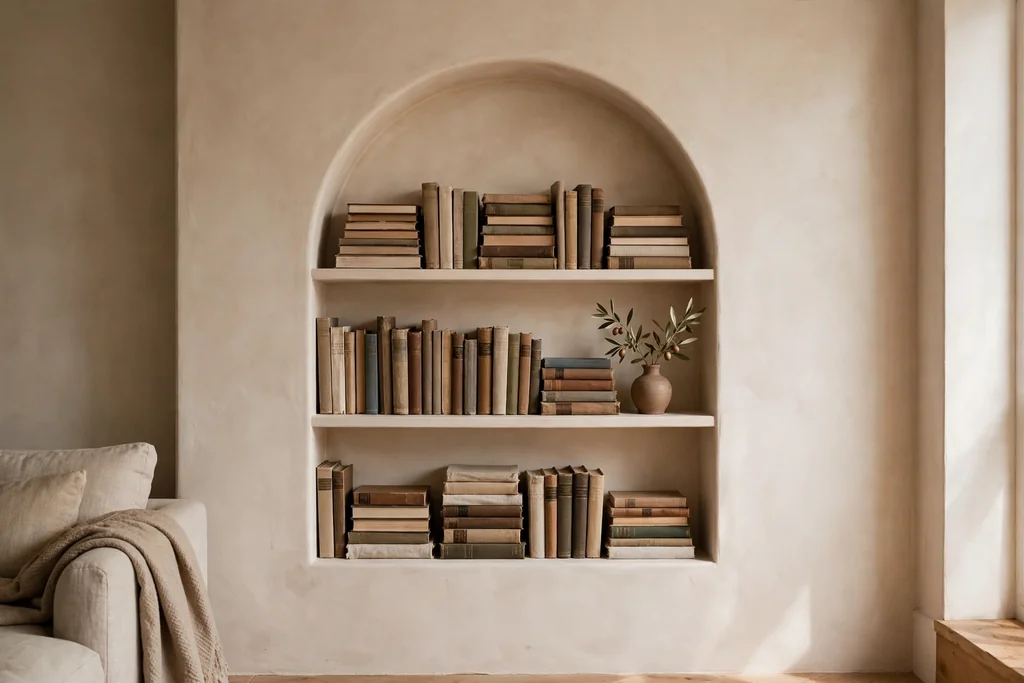 Arched bookshelf niche in a living room wall, with books and a small vase on its shelves.