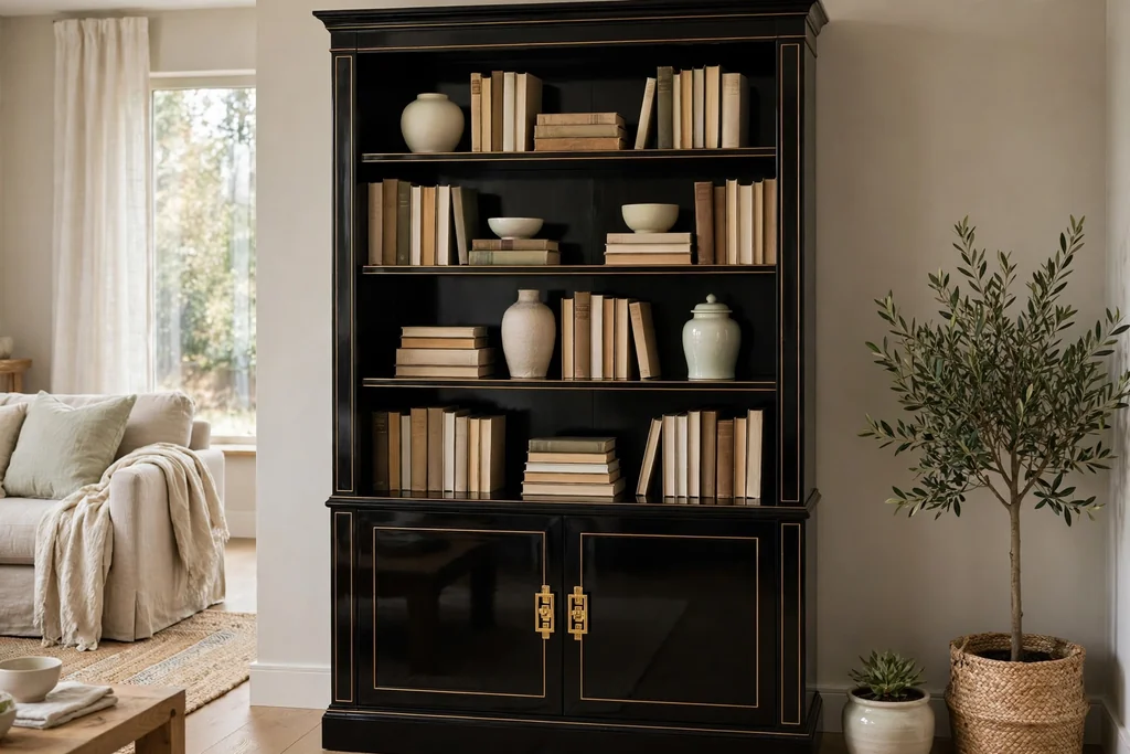 Black lacquer bookcase with gold handles and trim in a living room, books and pale ceramics on its shelves.