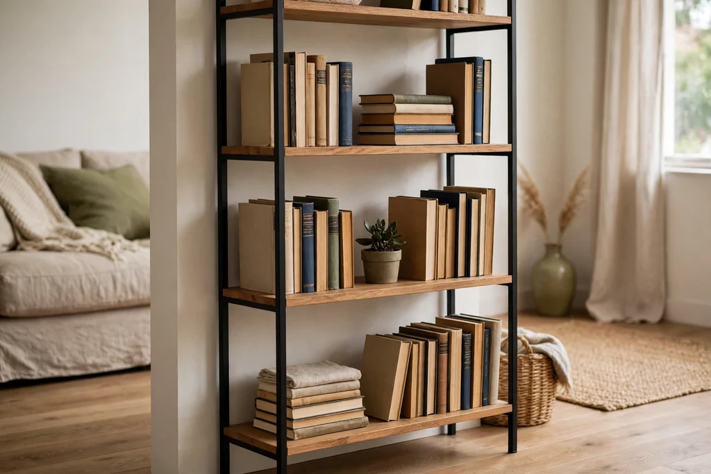 Slim black metal frame bookshelf with wood shelves in a living room, holding books and a small plant.