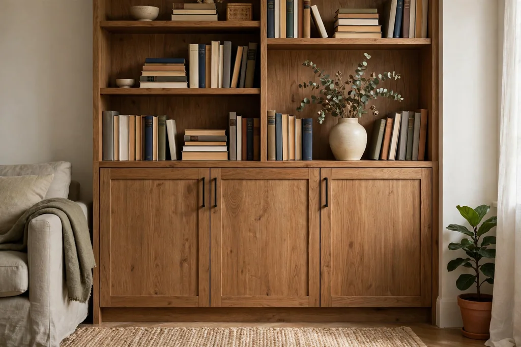 Bookshelf with closed cabinets below and open shelves above in a living room, books and a vase on the open shelves.
