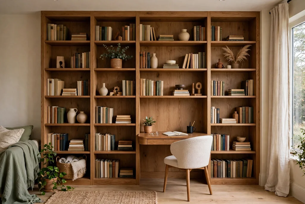 Bookshelf wall with a small desk nook below the shelves in a living room, a chair tucked under the desk.