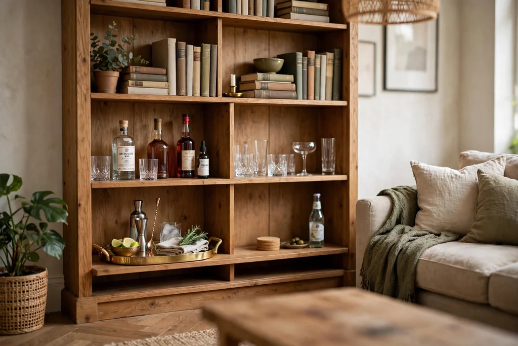 Bookshelf section used as a drinks cabinet in a living room, with glasses, bottles, and a serving tray.