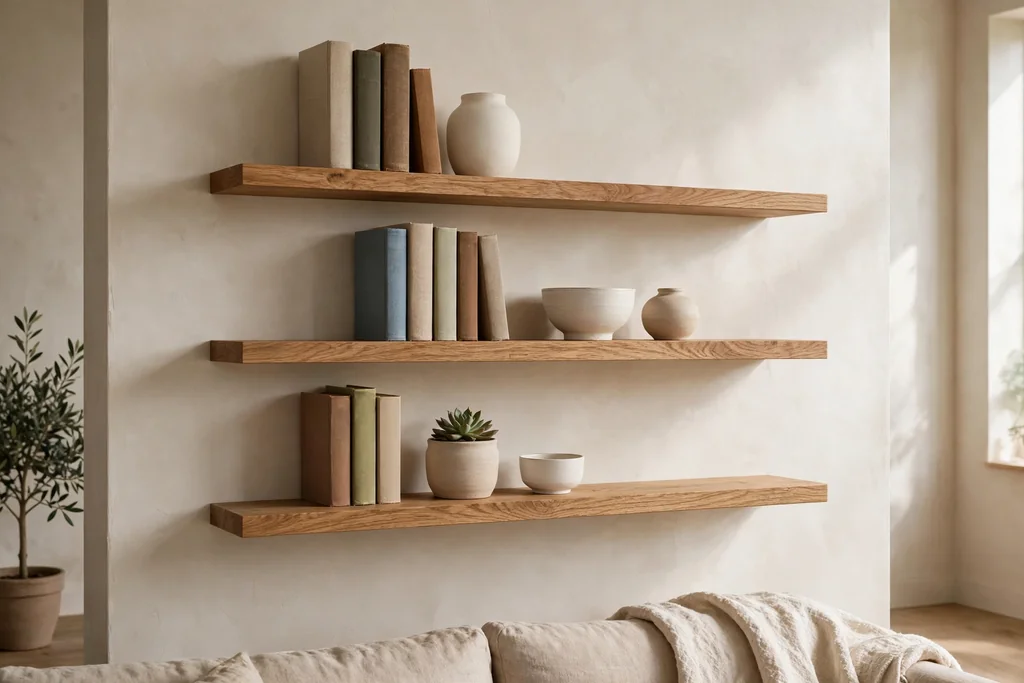 Floating oak shelves on a living room wall, holding upright books and plain ceramics.
