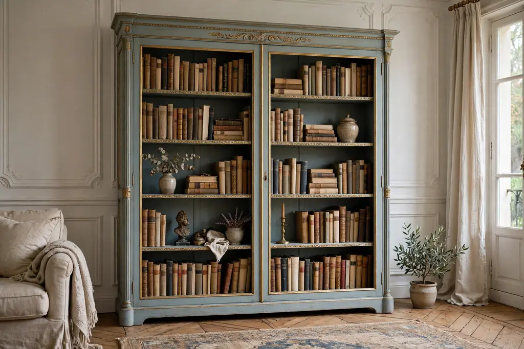 Vintage French style bookcase with a painted frame and slim gilt trim in a living room, holding books.