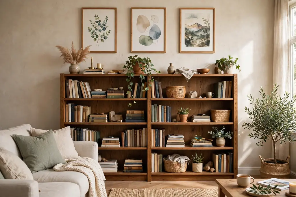 Bookshelf in a living room with framed art prints hung on the wall above the shelves.