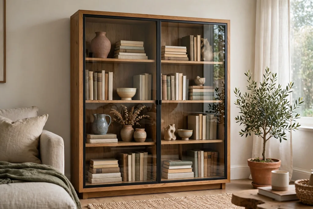 Bookcase with glass doors in a living room, displaying books and ceramics behind clear glass.