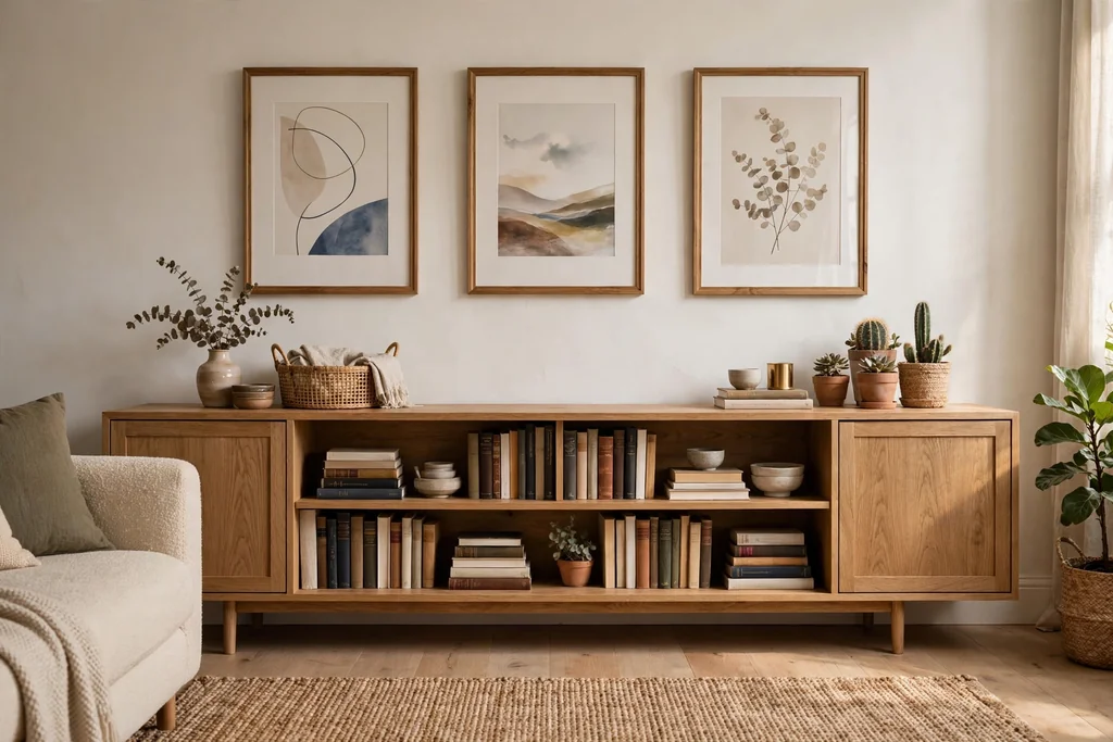 Low wide credenza used as a bookshelf in a living room, with framed art hung on the wall above it.