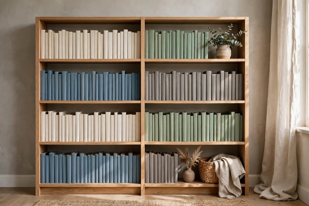 Bookshelf with books arranged in muted color blocks of cream, sage, dusty blue, and warm grey.