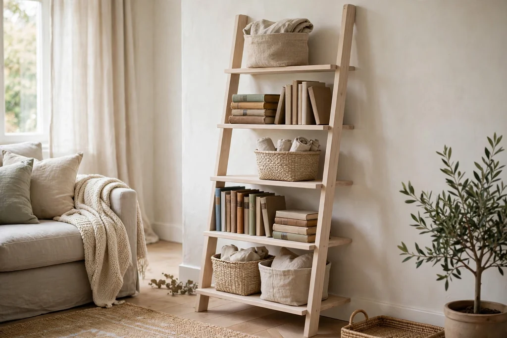 Pale wood ladder shelf leaning against a living room wall, with books and linen baskets on its shelves.