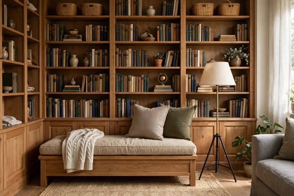 Living room bookshelf with a low cushioned reading bench below it, a floor lamp beside the bench.