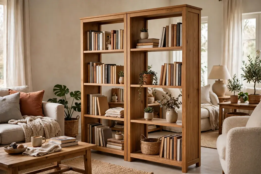 Freestanding double-sided bookshelf used as a room divider in a living room, books visible from both sides.