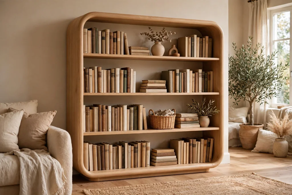 Bookcase with rounded corners and soft edges in a living room, holding books and a small woven basket.