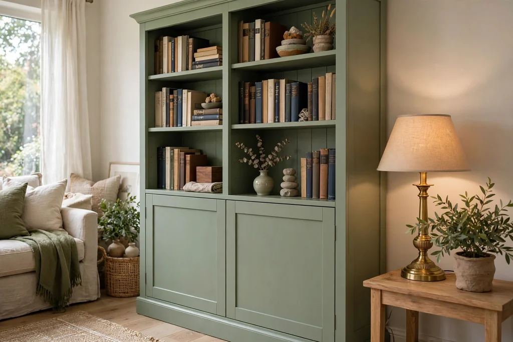 Sage green painted bookcase in a living room, with books, a plant, and a brass lamp beside it.