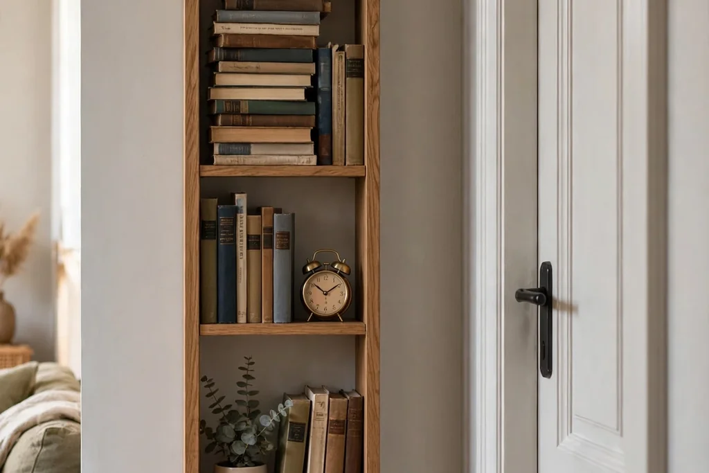 Tall narrow bookshelf fitted on a slim living room wall beside a door, holding books and a small clock.