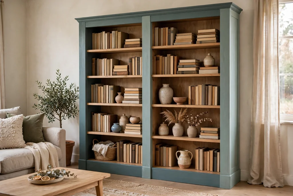 Two-tone bookcase with a painted frame and natural wood shelves in a living room, holding books and ceramics.