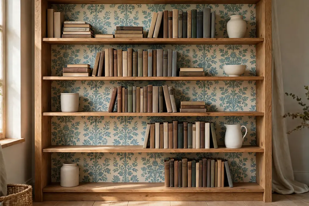 Open bookshelf lined with patterned wallpaper at the back, holding books and one plain ceramic per shelf.