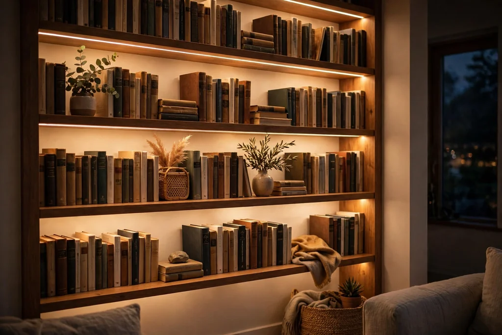 Living room bookshelf lit with warm shelf lights in the evening, books glowing softly.