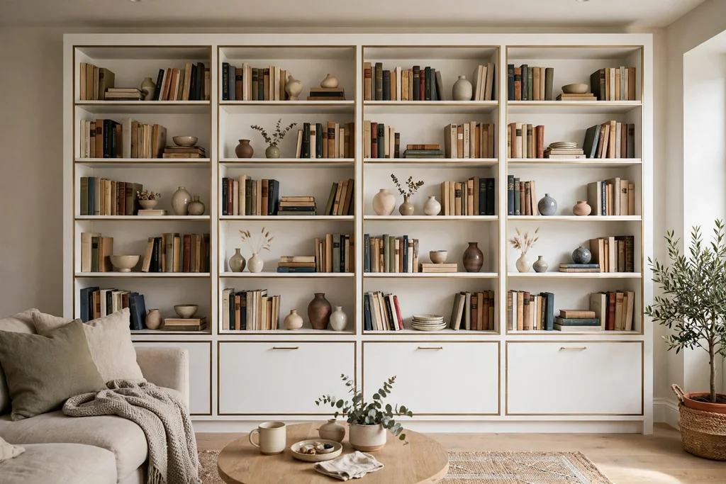 White built-in bookshelf with slim brass trim in a living room, filled with books and small ceramics.