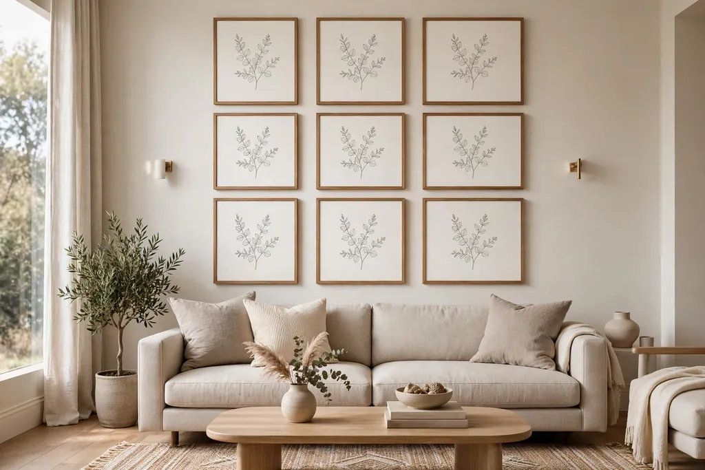 Living room with a symmetrical grid of nine matching framed prints above a sofa.