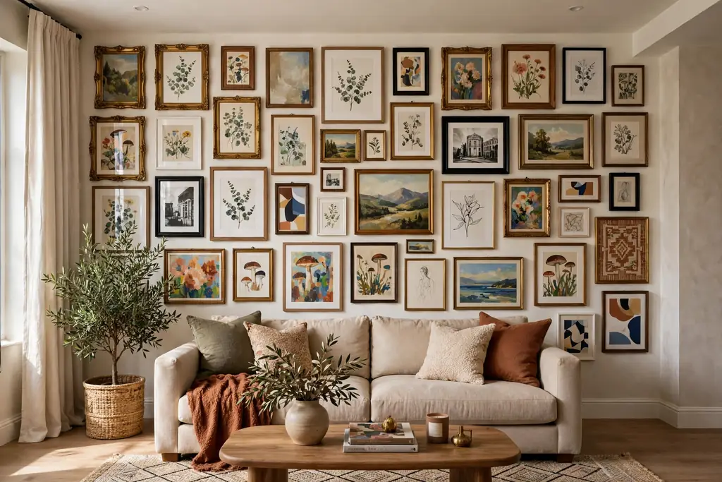Living room wall filled with a salon style gallery of varied framed art from floor to ceiling.