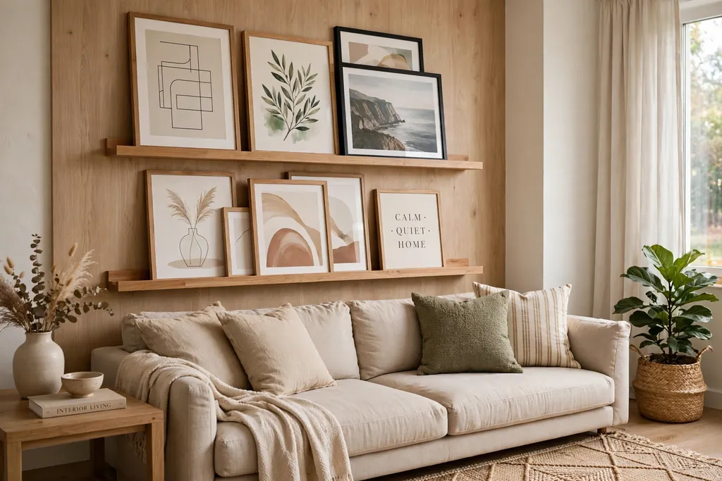 Living room with wooden picture ledges holding layered framed prints above a sofa.
