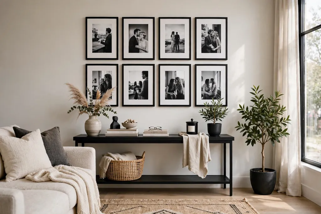 Living room with a black-and-white photo wall in simple black frames above a console table.