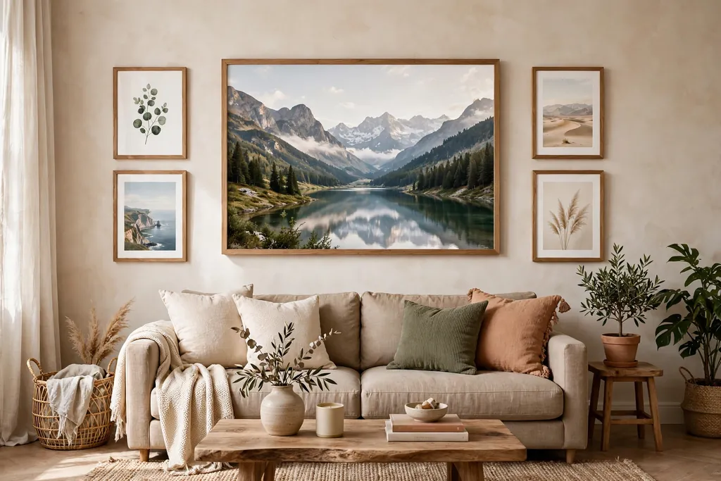 Living room with one large framed landscape print above a sofa and smaller prints beside it.