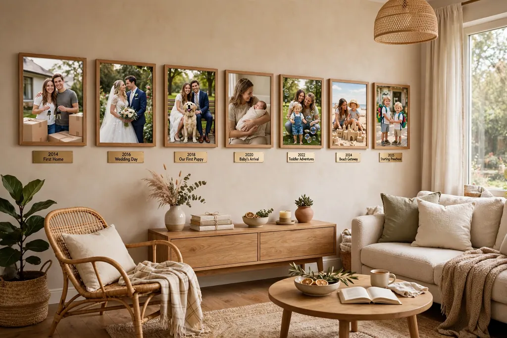 Living room with a family photo timeline in matching wood frames along one wall.