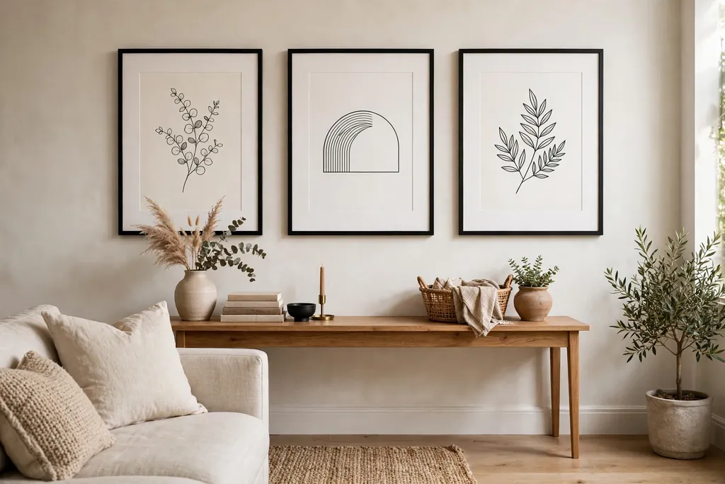 Living room with framed prints in wide white mats and slim black frames above a console.