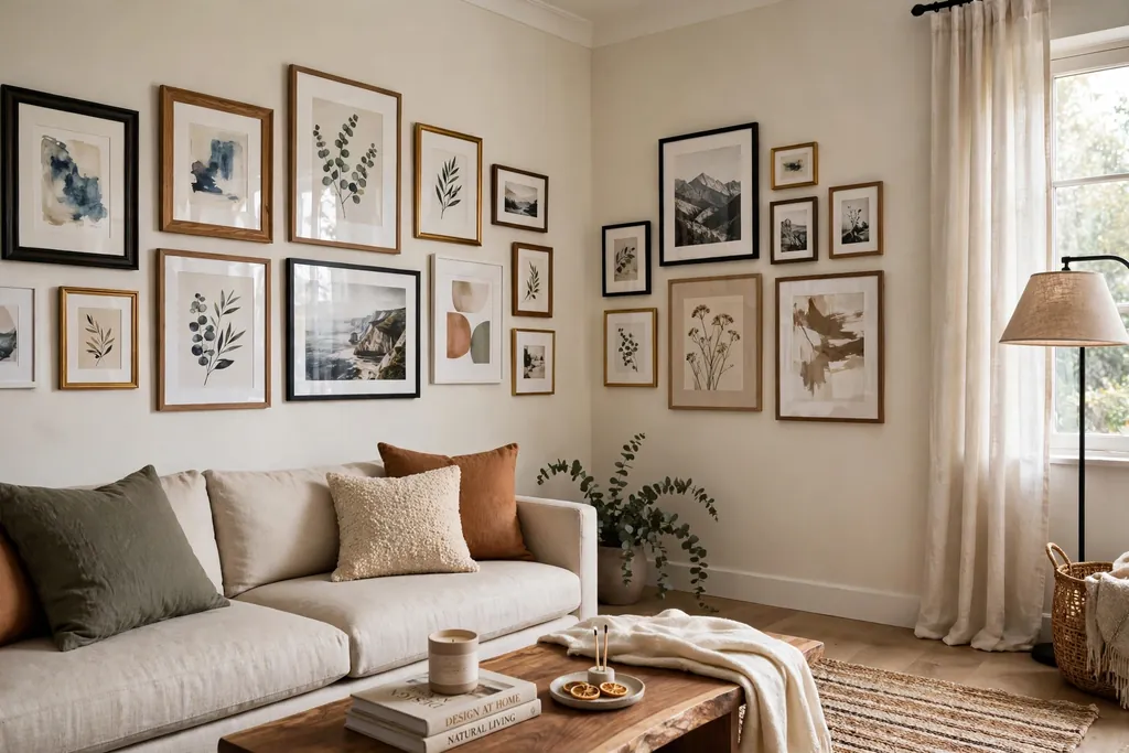 Living room corner with a picture gallery wrapping around two adjoining walls.