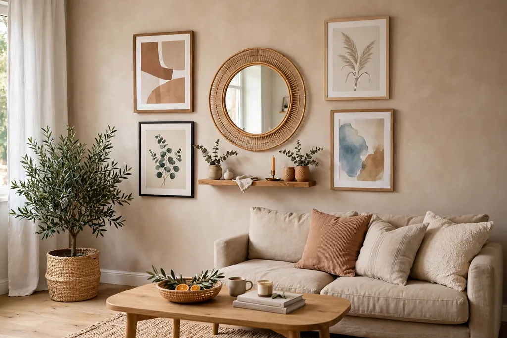 Living room picture wall mixing framed art, a round mirror, and a small wall shelf.
