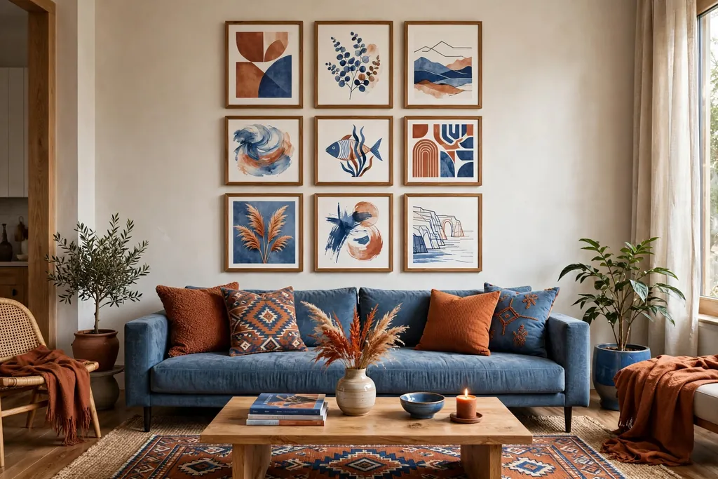 Living room gallery wall with prints in rust and blue tones matching the rug and cushions.
