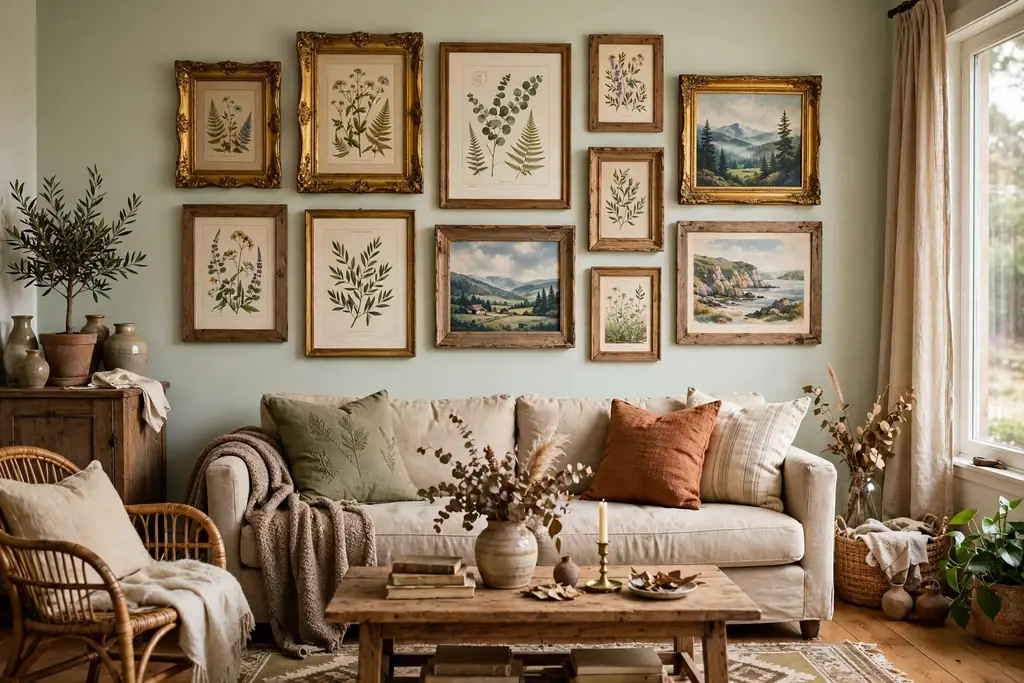 Living room with vintage gilt and thrifted wood frames holding landscape and botanical prints.
