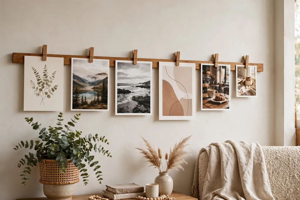 Living room wall with a wooden clip rail holding clipped art prints and photos.