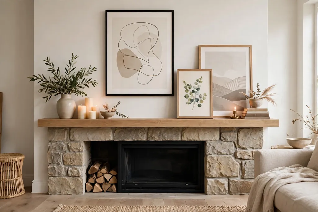 Living room fireplace mantel with leaned framed art and a hung frame above it.