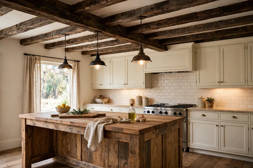 Rustic kitchen ceiling with dark reclaimed wood beams above cream cabinets and a wood island.