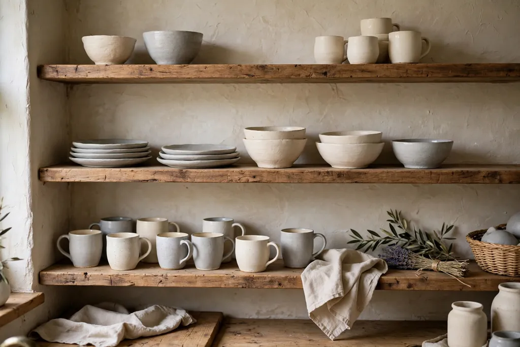 Open wood shelves in a rustic kitchen holding handmade pottery bowls, plates, and mugs.