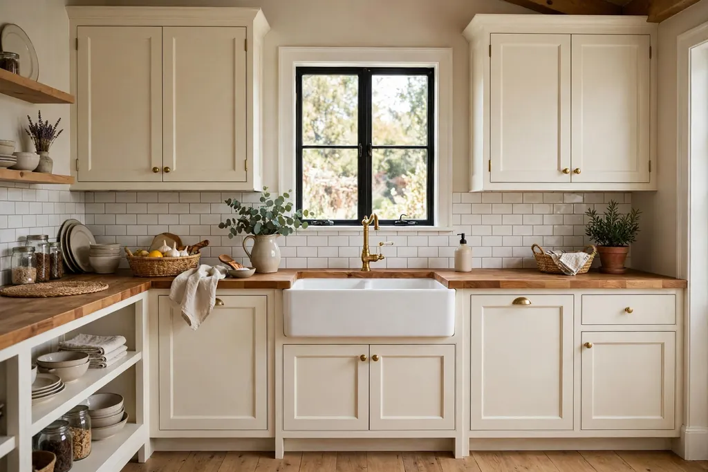 Farmhouse kitchen with a white apron front sink, brass faucet, and wood counters.