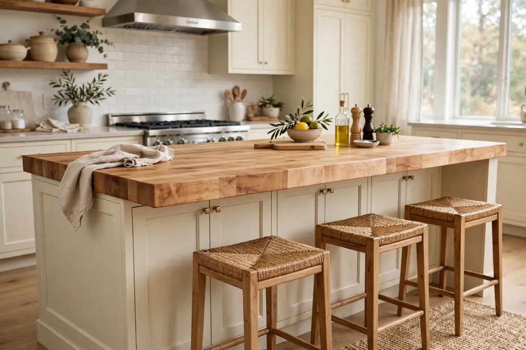 Kitchen island with a thick butcher block wood top, cream cabinets, and woven seat stools.