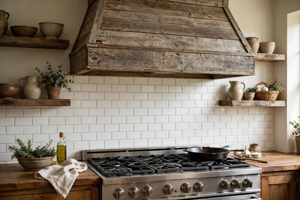 Rustic kitchen range with a weathered wood hood cover above white subway tile.