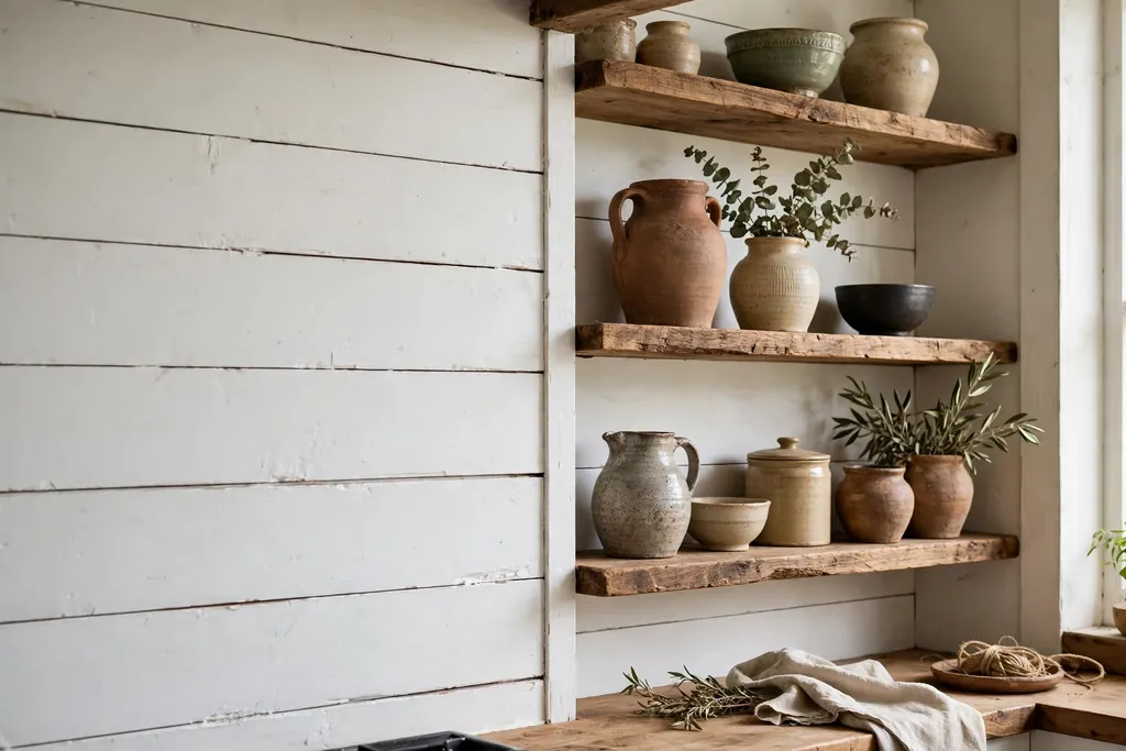 Rustic kitchen wall with white shiplap boards beside open wood shelves and pottery.