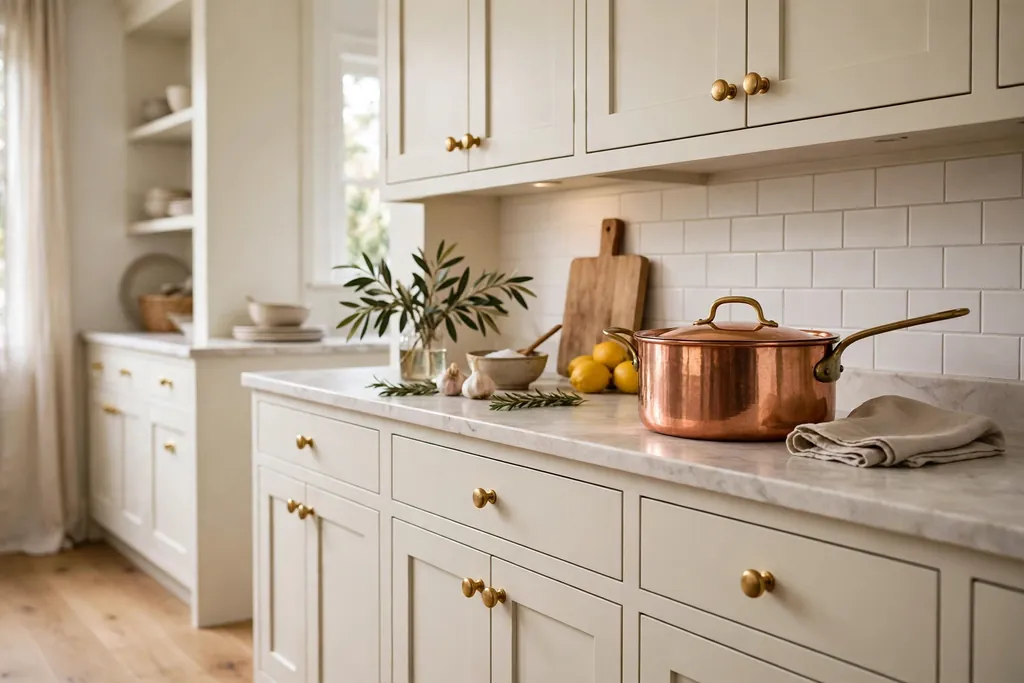 Cream kitchen cabinets with warm brass knobs and a copper pot on the counter.
