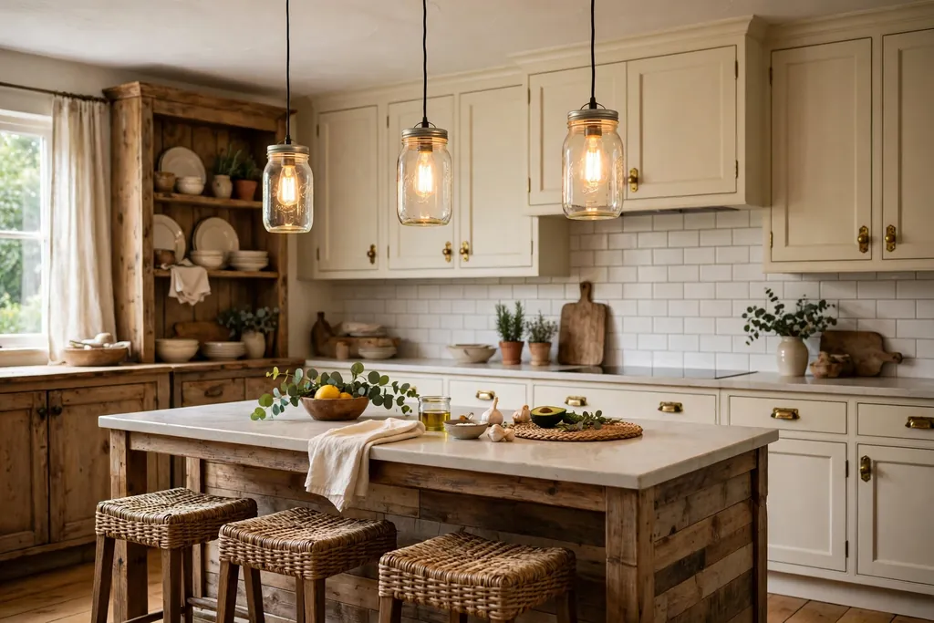 Kitchen island lit by mason jar pendant lights with warm glowing bulbs.